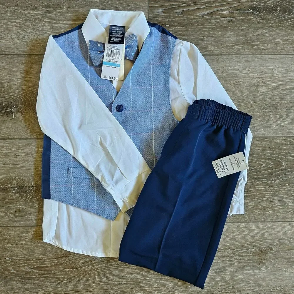 Nautica Boys Kids Beige 4pc Blue Suit Outfit Sz 5 NWT Shirt Pants Vest Bow tie